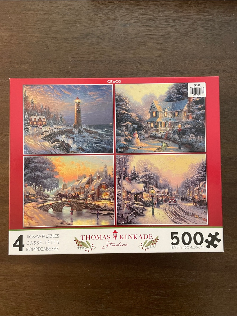 Thomas Kinkade Studios (4) 500 Piece Jigsaw Puzzles Snowy Christmas (3lb)